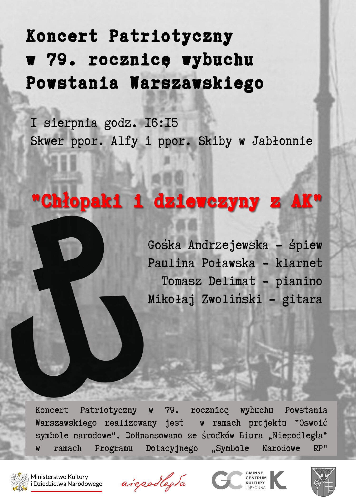 Koncert patriotyczny w 79. rocznice wybuchu Powstania Warszawskiego - plakat promujący wydarzenie