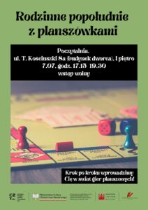 Rodzinne popołudnie z planszówkami- plakat promujący wydarzenie