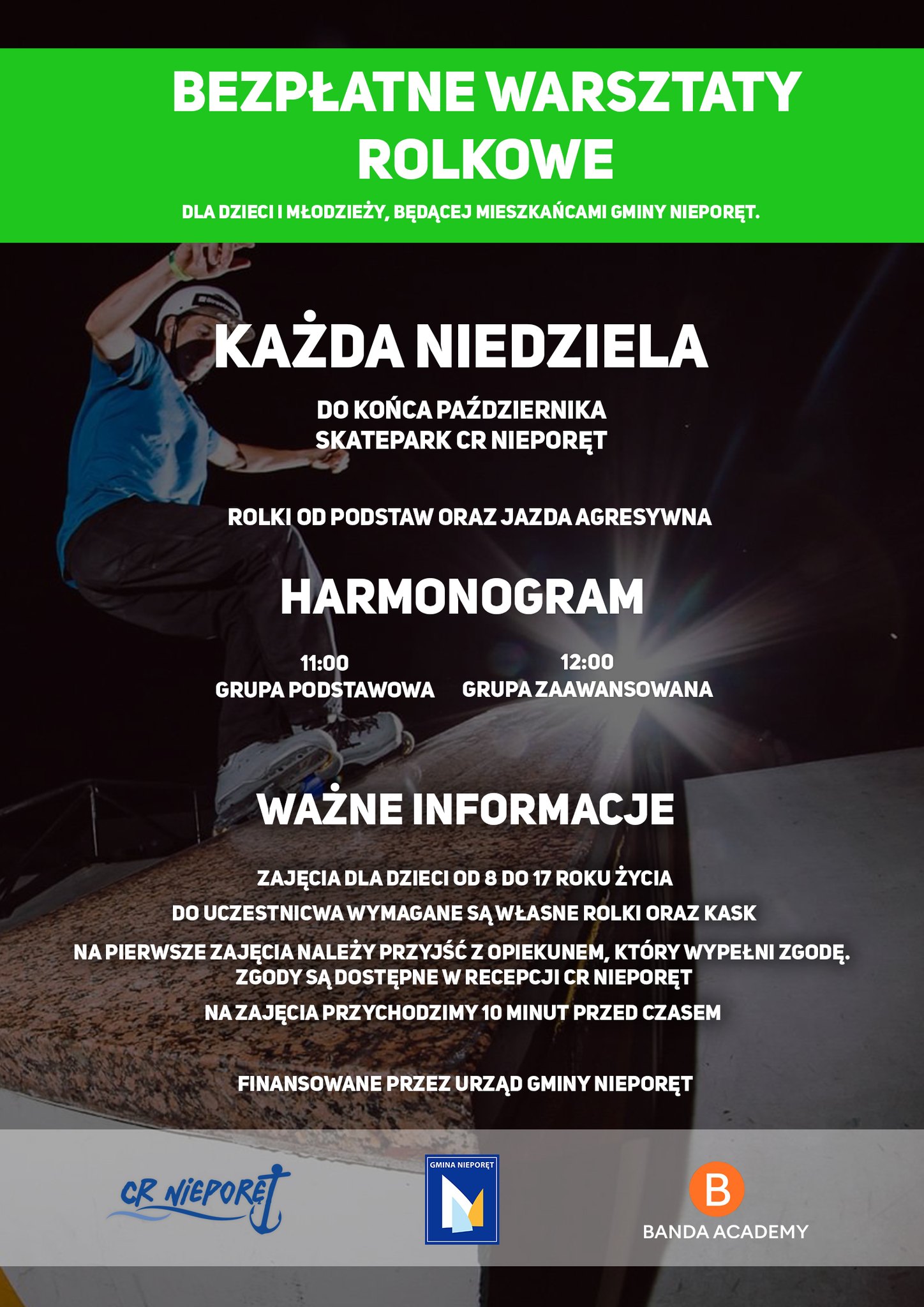 Bezpłatne warsztaty rolkowe ~ grupa podstawowa - plakat promujący wydarzenie