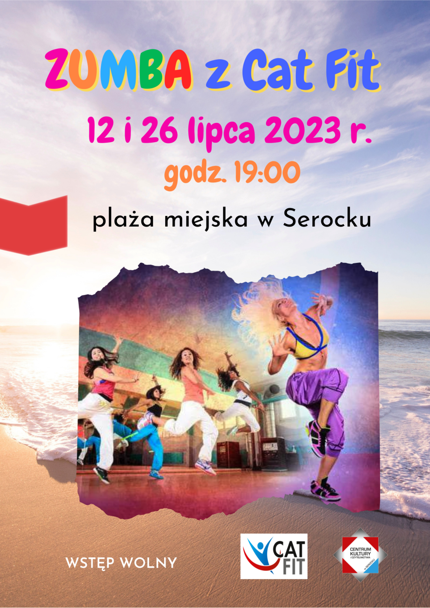ZUMBA z CAT FIT na plaży- plakat promujący wydarzenie