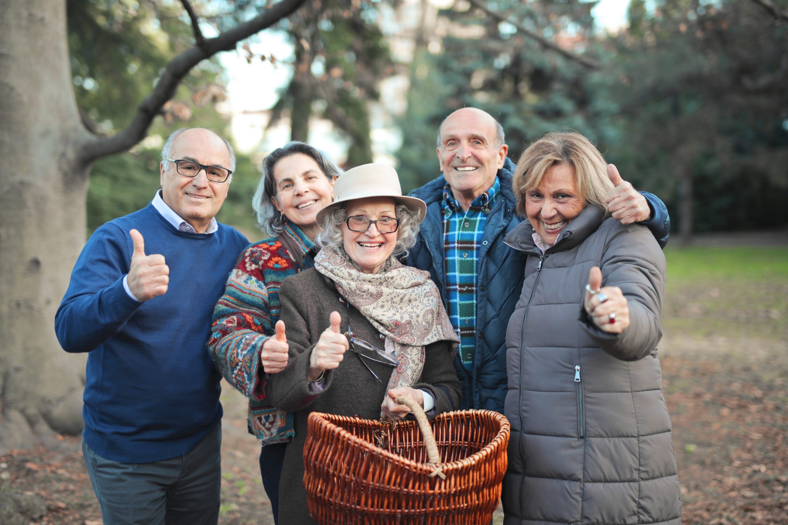group of seniors look for mushrooms in a park